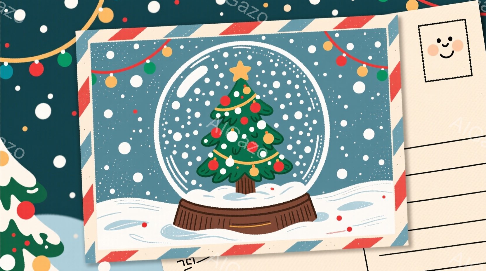 暖かく優しい雰囲気のイラストで、雪が降る背景に、クリスマスの飾り付けがされたモミの木が雪球の中に収められています。木には赤いオーナメントや星が飾られ、雪球の下には茶色の台座があります。全体的にパステルカラーで、可愛らしいクリスマスの雰囲気を表現しています。