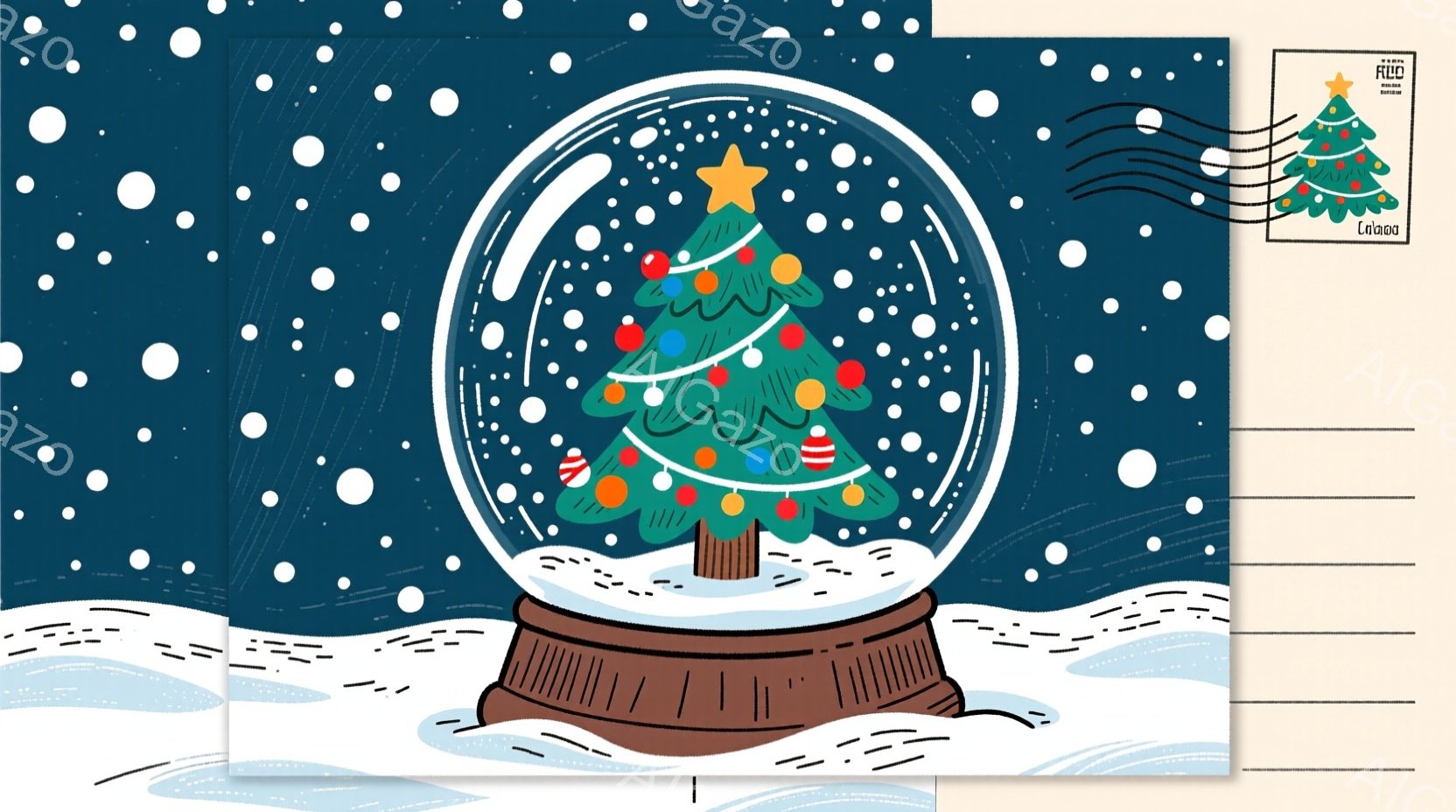 スノードームの中に飾られたクリスマスツリーが描かれています。ツリーは様々な色のオーナメントで飾り付けられ、星が頂上に輝いています。雪が舞う背景と、ツリーを支える茶色の台座が、冬の暖かく幻想的な雰囲気を - AI生成フリー素材