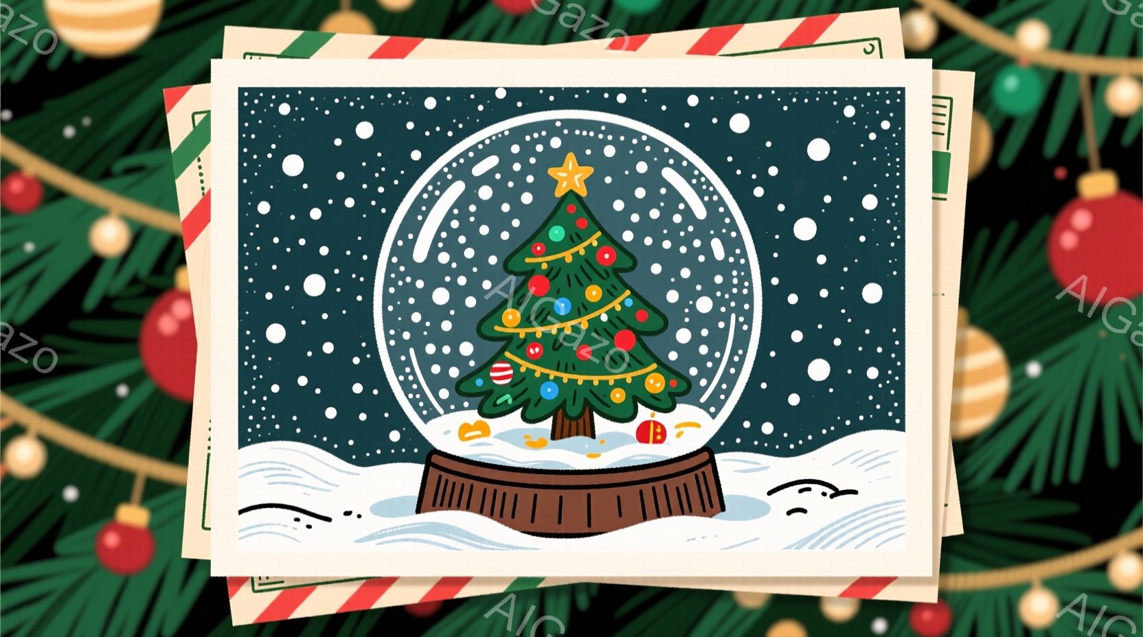 雪が降る背景に、雪の上に置かれたクリスマスの置物が見えます。置物は、赤い台座の上に雪玉が乗っており、その中にクリスマスツリーが飾られています。ツリーは緑色で、赤い飾りや金色の星で装飾されており、暖かく - AI生成フリー素材