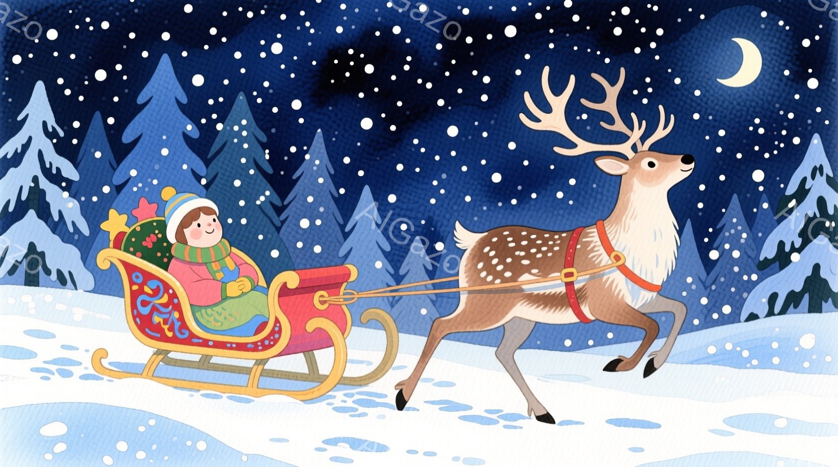 雪の降る夜、そりはトナカイに引かれて雪の上を疾走している。運転している少年は赤い帽子とコートを着ており、笑顔で前を見ている。背景には、暗い緑色の針葉樹林と、遠くに見える三日月が描かれており、幻想的で温かい雰囲気を醸し出している。