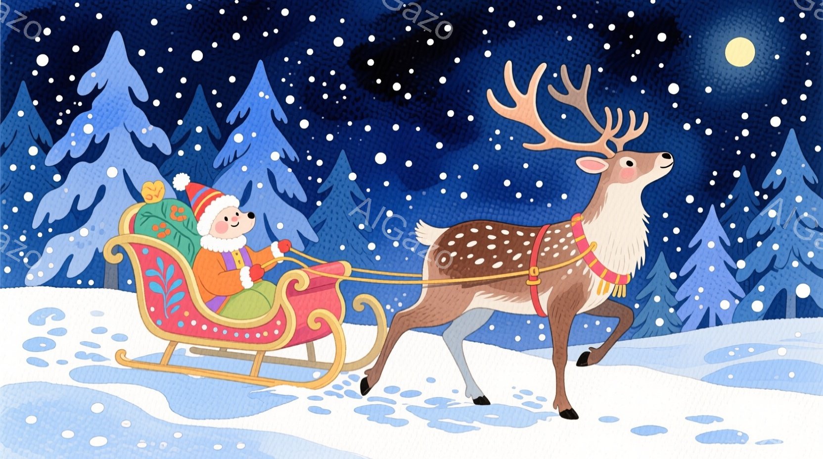 雪景色の中で、サンタクロースが赤いそりに座り、プレゼントを積んだ袋を抱えています。彼は緑色の服と赤い帽子をかぶり、にっこりと微笑んでいます。背景には雪に覆われた木々が立ち並び、夜空には星が輝き、全体的 - AI生成フリー素材