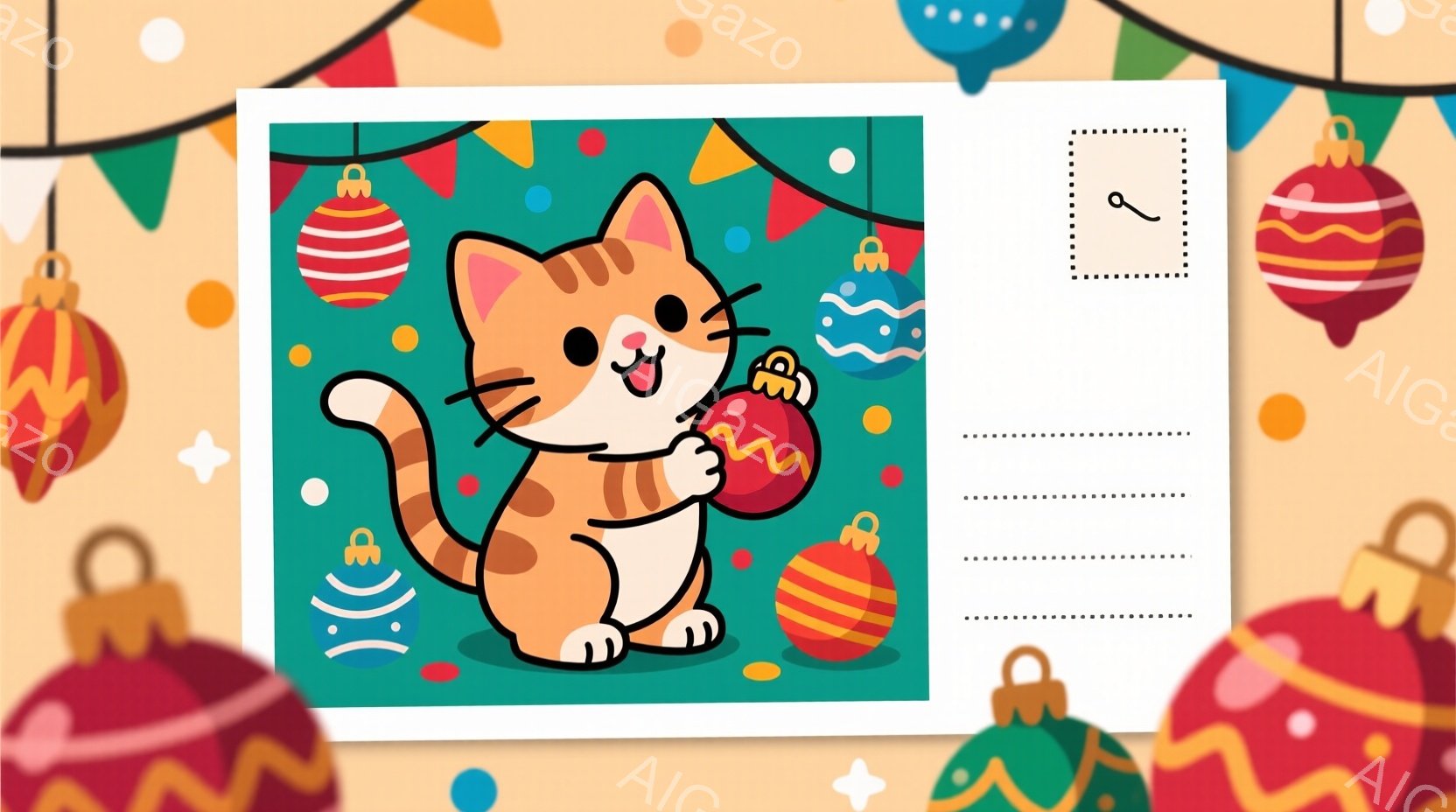 オレンジ色の縞模様の猫が赤いオーナメントボールを抱えています。猫は口を開けて微笑んでおり、陽気な表情をしています。背景には、様々な色のクリスマスオーナメントや装飾が散りばめられており、全体的に明るくお - AI生成フリー素材