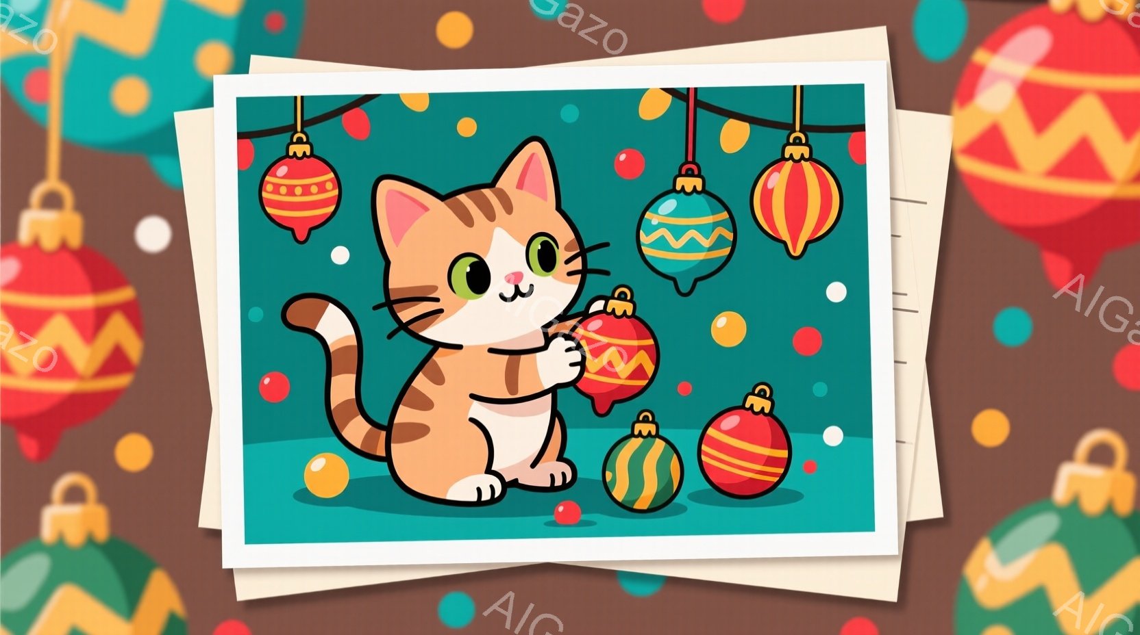 オレンジ色の縞模様の猫が、クリスマスオーナメントを両手で抱えています。猫は大きな目をしていて、幸せそうに見えます。背景は明るい水色で、様々な色のオーナメントがぶら下がっており、全体的に温かく、お祝いの - AI生成フリー素材