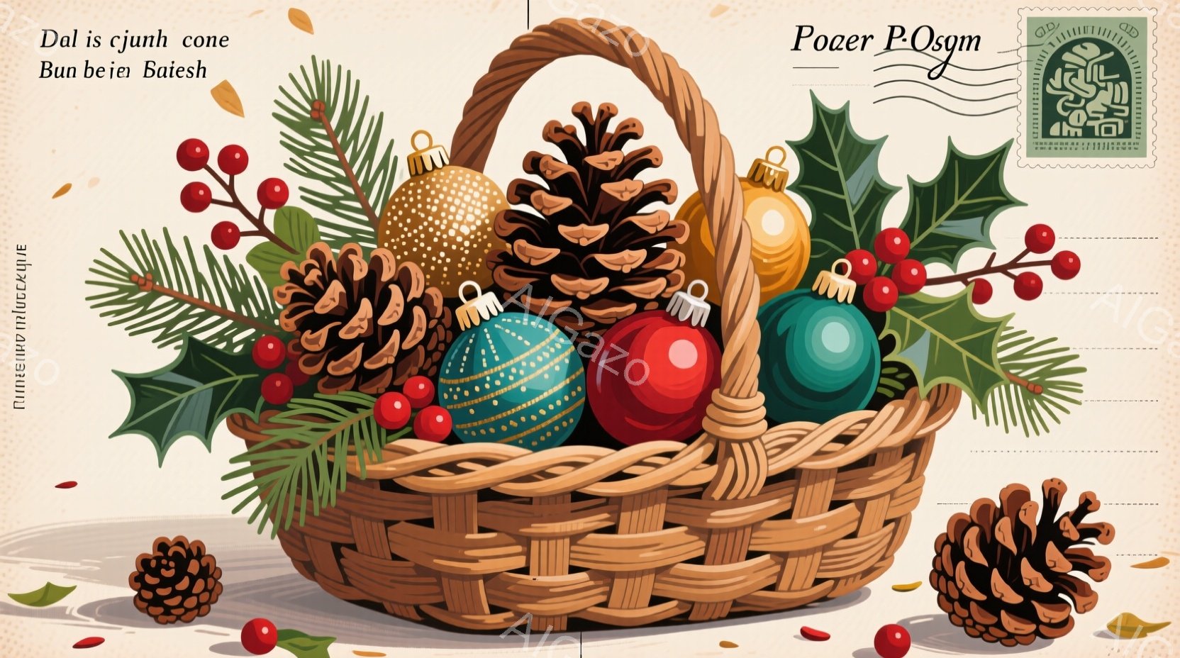 籐で編まれたバスケットの中に、赤、緑、金色のクリスマスオーナメントや松ぼっくりがぎっしりと詰まっています。背景は淡いベージュ色で、オーナメントや松ぼっくりが散りばめられており、クリスマスの温かく華やかな雰囲気が漂っています。全体的に、手書き風のイラストレーションで、温かみのある色彩が印象的です。