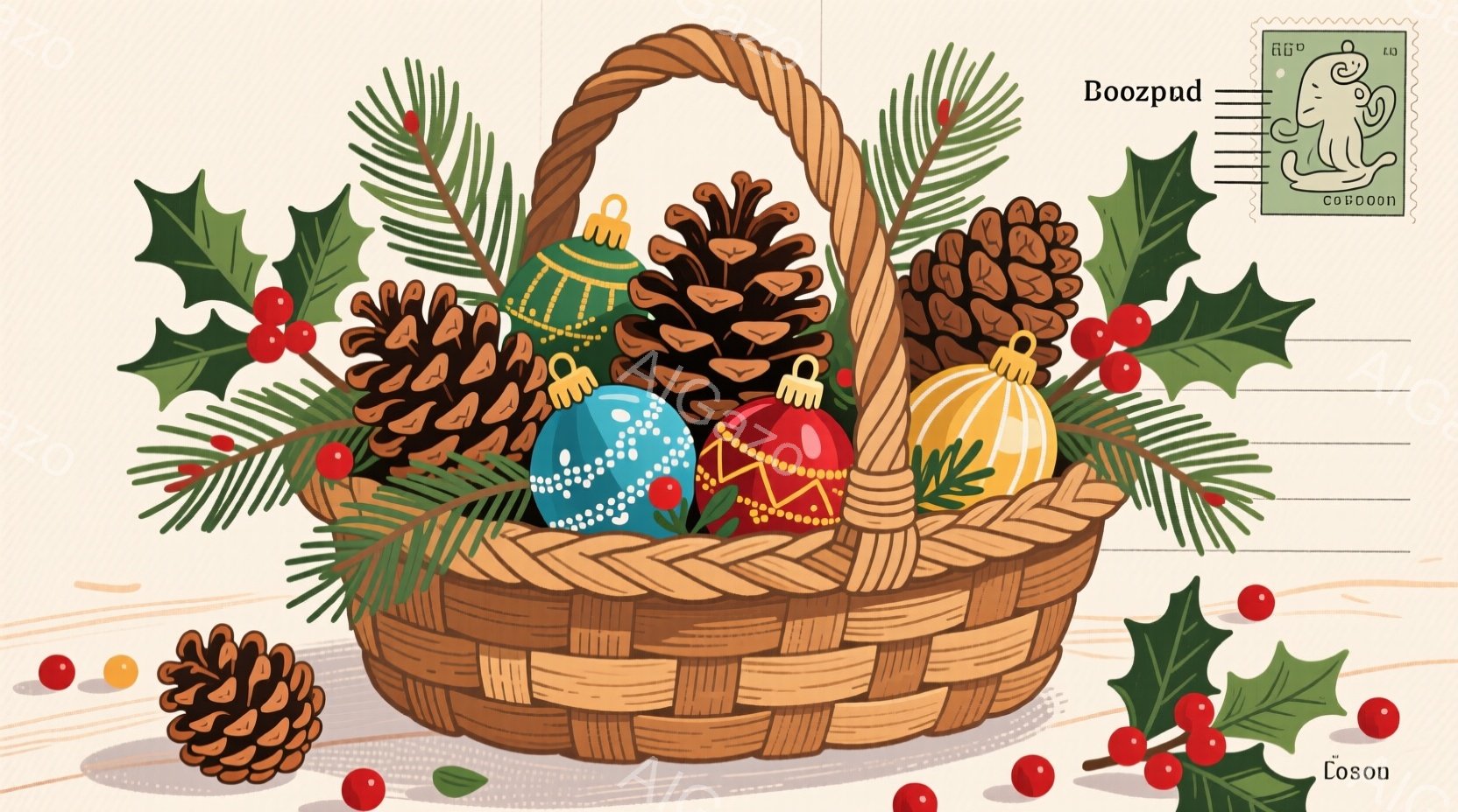 籠の中に、多様なクリスマスの飾り付けが所狭しと詰め込まれています。赤い実の付いた葉、松ぼっくり、そして様々な色の装飾ボールが、緑の葉と混ざり合い、ホリデーシーズンを彩ります。全体的に暖かく、豊かな雰囲気が漂い、クリスマスへの期待感を高めます。