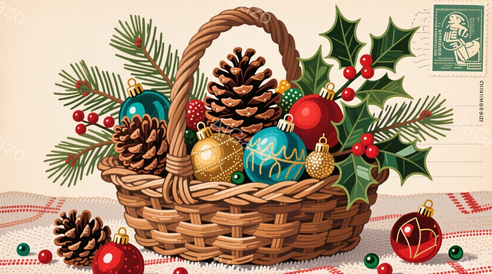 籠の中に、クリスマスオーナメント、松ぼっくり、赤い実、そして緑の葉っぱがぎっしりと詰め込まれています。背景には、赤と白のストライプ模様のテーブルクロスが敷かれ、温かく華やかなクリスマスの雰囲気が漂って - AI生成フリー素材