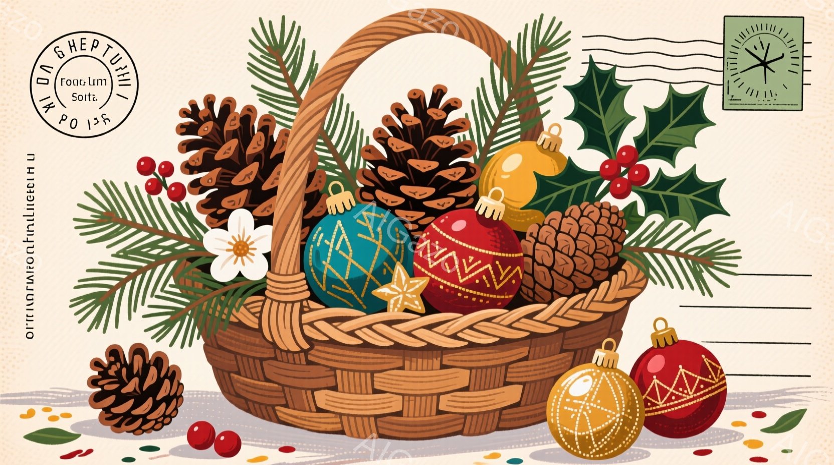 籠の中に、赤、青、金色の装飾されたクリスマスオーナメント、松ぼっくり、そして緑の葉が詰め込まれています。背景は淡いベージュ色で、赤い実や落ち葉が散りばめられており、暖かく穏やかなクリスマスの雰囲気を醸し出しています。全体的に手描きのイラストのような暖かみのある表現で、季節の装飾品が豊かに配置されています。