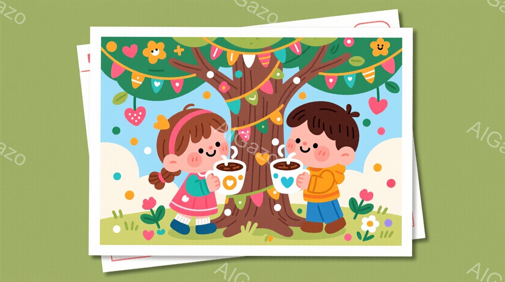 明るい緑の背景に、幼い少女と少年が木の下に立っています。少女は赤いワンピースに白いエプロンをつけ、髪をリボンで結んでいます。少年は青い服を着ており、二人とも笑顔で湯気の立つカップを持っています。
