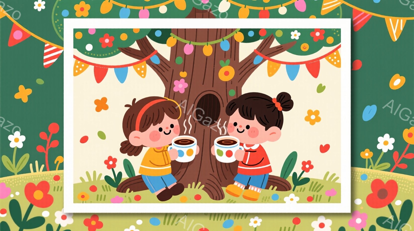 二人の女の子が木の前に座り、カップに入った温かい飲み物を楽しんでいます。彼女たちは赤いシャツに異なる色のズボンを着用し、同じような髪型で笑顔を見せています。背景は緑の草地と様々な花が咲き乱れ、カラフル - AI生成フリー素材