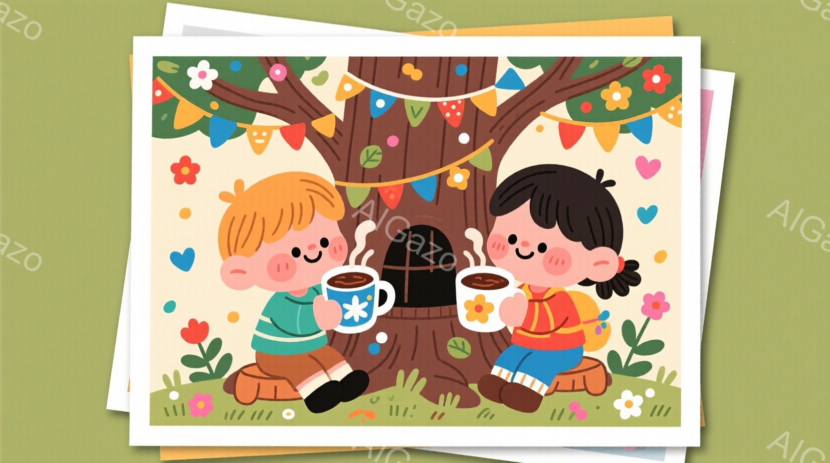 鮮やかな緑の草の上に、金髪と黒髪の二人の子供が座って、温かい飲み物を楽しんでいます。子供たちはオレンジ色のベストと茶色のズボンを身に着け、それぞれ異なる色のマグカップを持っています。背景には大きな木が - AI生成フリー素材