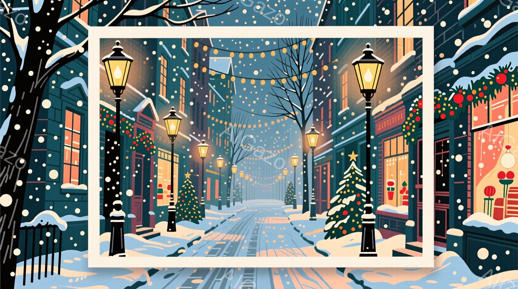 雪が降り積もる、クリスマスの装飾が施された街並みが描かれている。両側には、明るい光を放つ街灯と、クリスマスツリー、窓の飾り付けが施された建物が並び、暖かく華やかな雰囲気を醸し出している。雪景色と光のコ - AI生成フリー素材