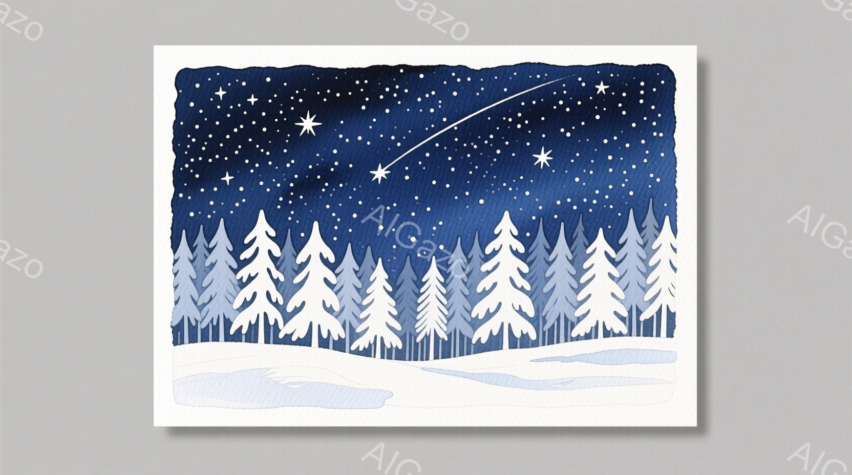 深い藍色の夜空に、無数の星が輝き、一条の彗星が夜空を横切る様子が描かれている。手前に、白や灰色の様々な濃さの針葉樹の森がシルエットのように並び、地面は雪に覆われた静寂な冬景色を表現している。全体的に、 - AI生成フリー素材
