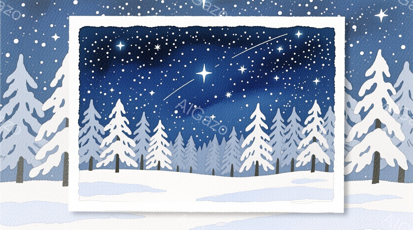 雪に覆われた針葉樹林が広がり、夜空には星が輝いているイラストです。遠近感のある表現で、手前の雪原と奥の暗い森が描かれており、幻想的な雰囲気を醸し出しています。全体的に寒色で統一され、静寂で穏やかな冬の - AI生成フリー素材