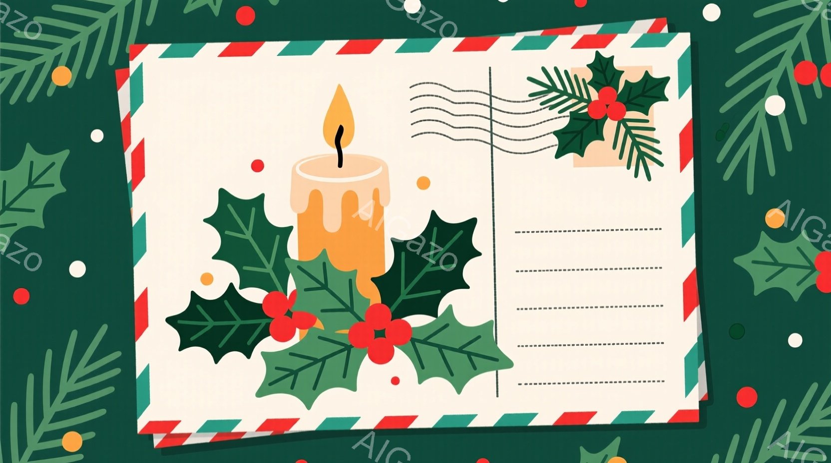 緑色の背景に、クリスマスカードのようなイラストが描かれています。カードはオレンジと白のストライプの縁取りがあり、中央には燃えるキャンドルと冬緑葉（ヒイラギ）の装飾が配置されています。全体的に温かく、季節感あふれる雰囲気が漂います。