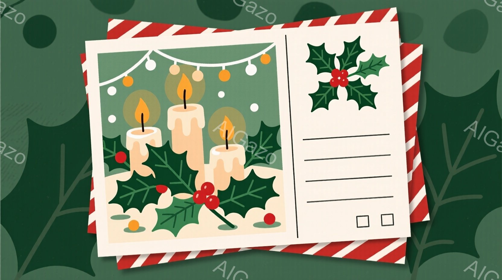 明るい緑色の背景に、キャンドルと冬の葉が描かれたグリーティングカードが重ねてあります。キャンドルは３本あり、暖かく穏やかな光を放っています。背景には赤いストライプ模様と冬の葉のパターンがあり、全体的に温かく、お祝いの雰囲気を醸し出しています。