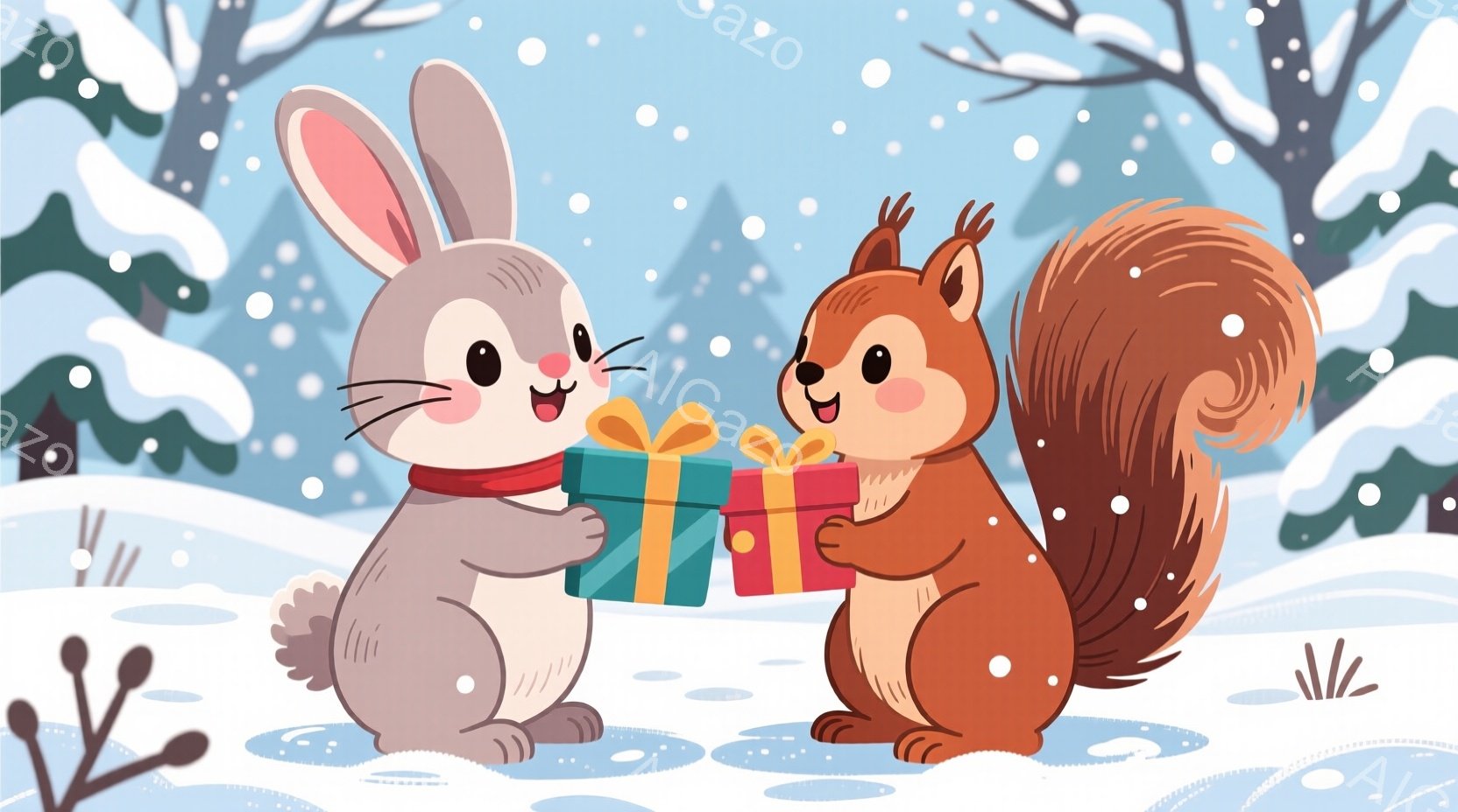雪景色の中で、灰色のウサギと茶色のリスがプレゼントを交換しています。ウサギは赤いマフラーを巻き、リスは嬉しそうな表情でプレゼントを受け取っています。背景には雪に覆われた木々があり、全体的に温かく、お祝いの雰囲気です。