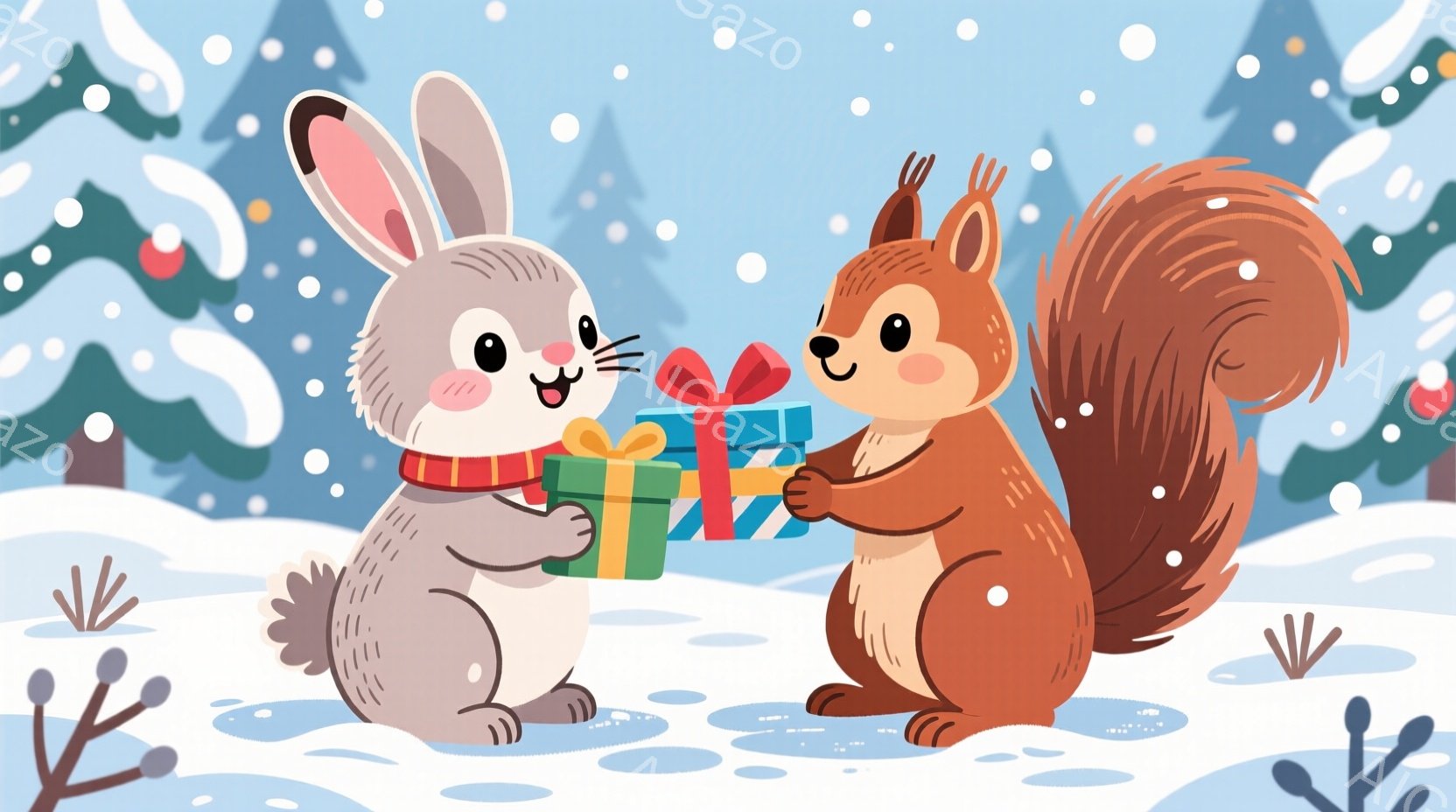 白いウサギと茶色のリスが雪の中でプレゼントを交換しています。ウサギは赤いマフラーを巻いており、リスは嬉しそうな表情でプレゼントを受け取っています。背景には雪に覆われた木々があり、雪が舞う冬の穏やかな雰囲気を醸し出しています。