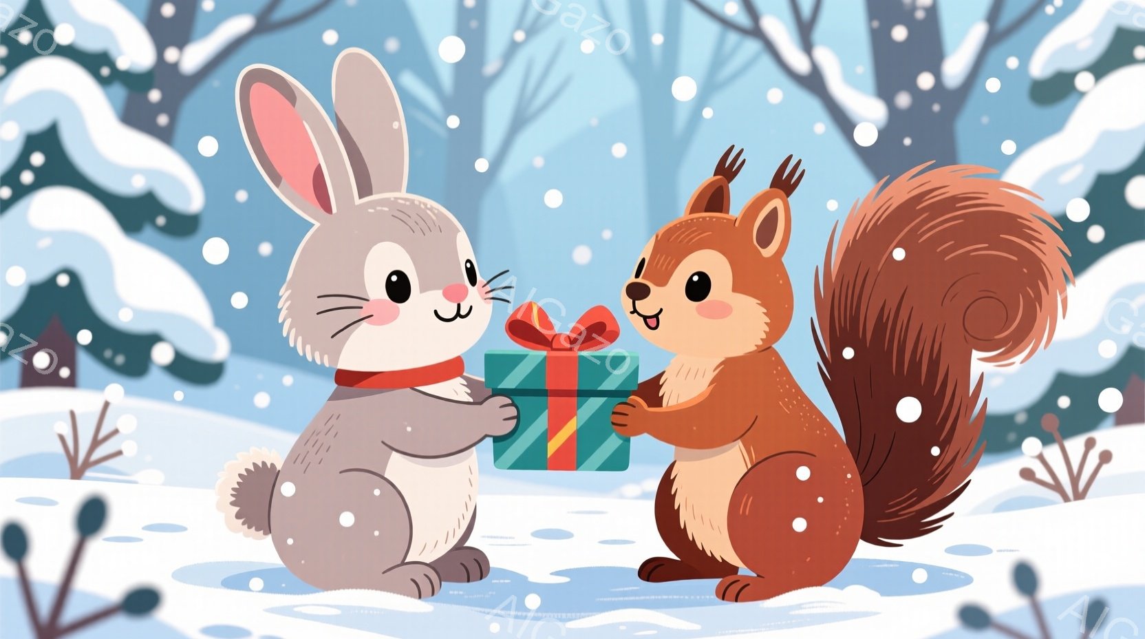 白いウサギと茶色のリスが雪の中でプレゼントを交換しています。ウサギは赤いリボンを首に巻き、リスはプレゼントを両手で差し出しており、どちらも嬉しそうな表情をしています。背景には雪に覆われた木々と、降り積 - AI生成フリー素材