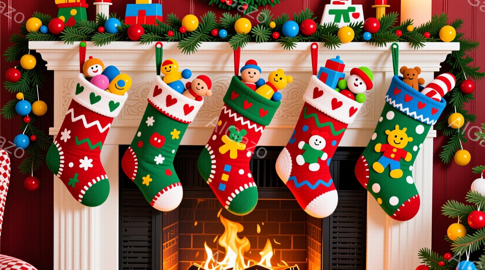 暖炉の上にクリスマスソックスが４つ並んでいます。それぞれのソックスは緑、赤、そして様々な模様で飾られており、中にはおもちゃや熊の人形が入っています。暖炉の火が暖かく、背景のレンガ造りの壁とクリスマスの - AI生成フリー素材