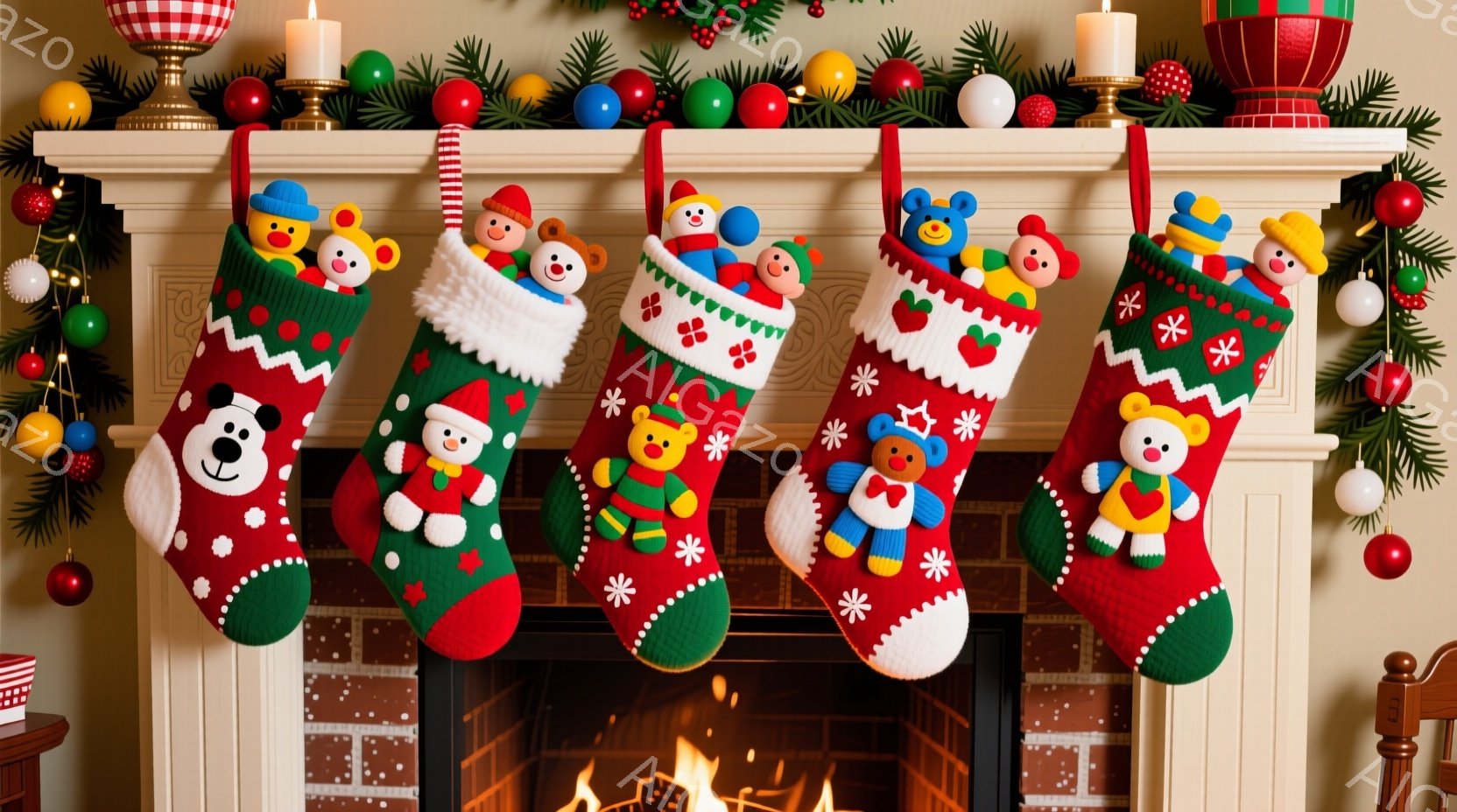 クリスマス柄の靴下が暖炉の上に整然と並べられています。各靴下は赤と緑のストライプで、異なるデザインの愛らしいテディベアが頭を出しています。暖炉の火が暖かく灯り、背景にはクリスマスツリーの飾りと赤いボー - AI生成フリー素材