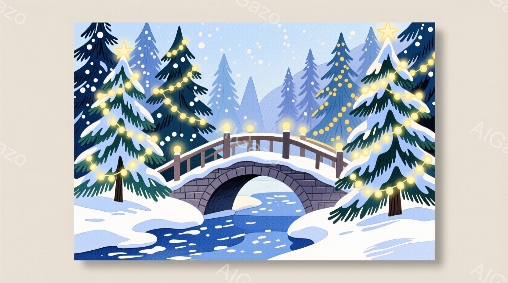 雪が降り積もった冬の風景が描かれています。アーチ型の石橋が雪景色の中にあり、橋の上には輝くイルミネーションが飾られています。背景には雪を頂いた針葉樹林が広がり、穏やかで幻想的な雰囲気を醸し出しています - AI生成フリー素材