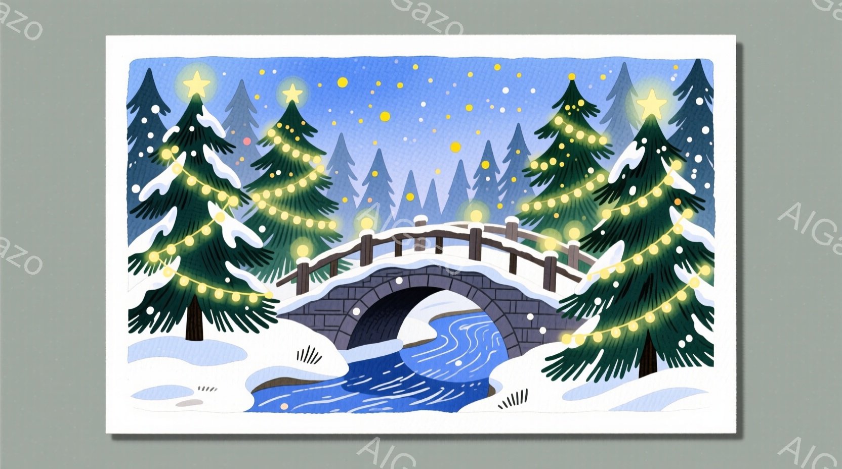雪景色の中に石造りのアーチ橋が描かれています。周りにはクリスマスツリーのような針葉樹が立ち並び、点滅する電飾で飾られ、雪が降る夜の静かで幻想的な雰囲気を醸し出しています。水面は青く、雪とツリーの緑、そ - AI生成フリー素材