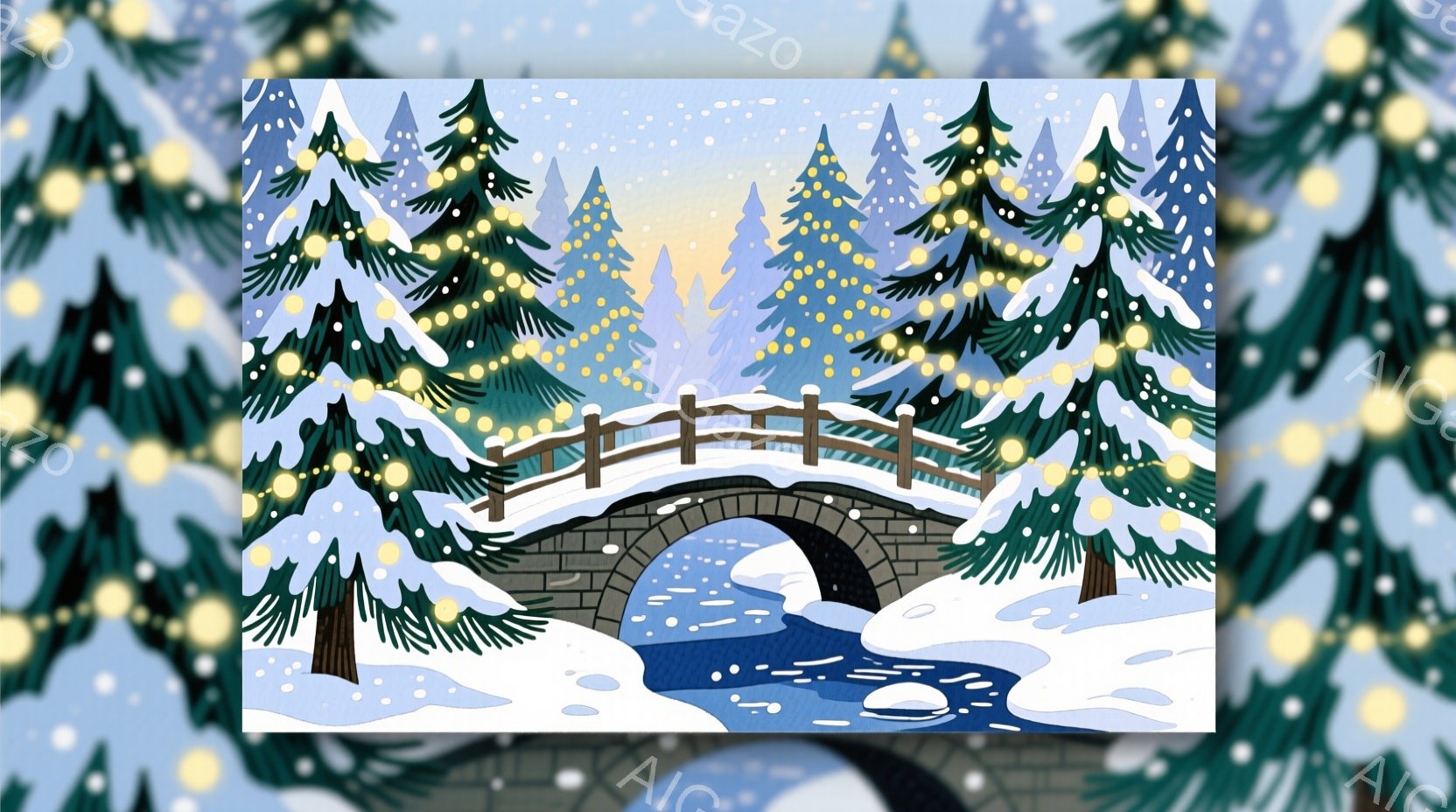 雪に覆われた風景の中に、アーチ状の石橋が描かれています。周りには雪を抱いた緑の木々が生い茂り、橋の下を青く澄んだ水が流れています。全体的に静かで穏やかな冬の雰囲気が漂っており、雪片が舞い散る様子が幻想的な光景を作り出しています。