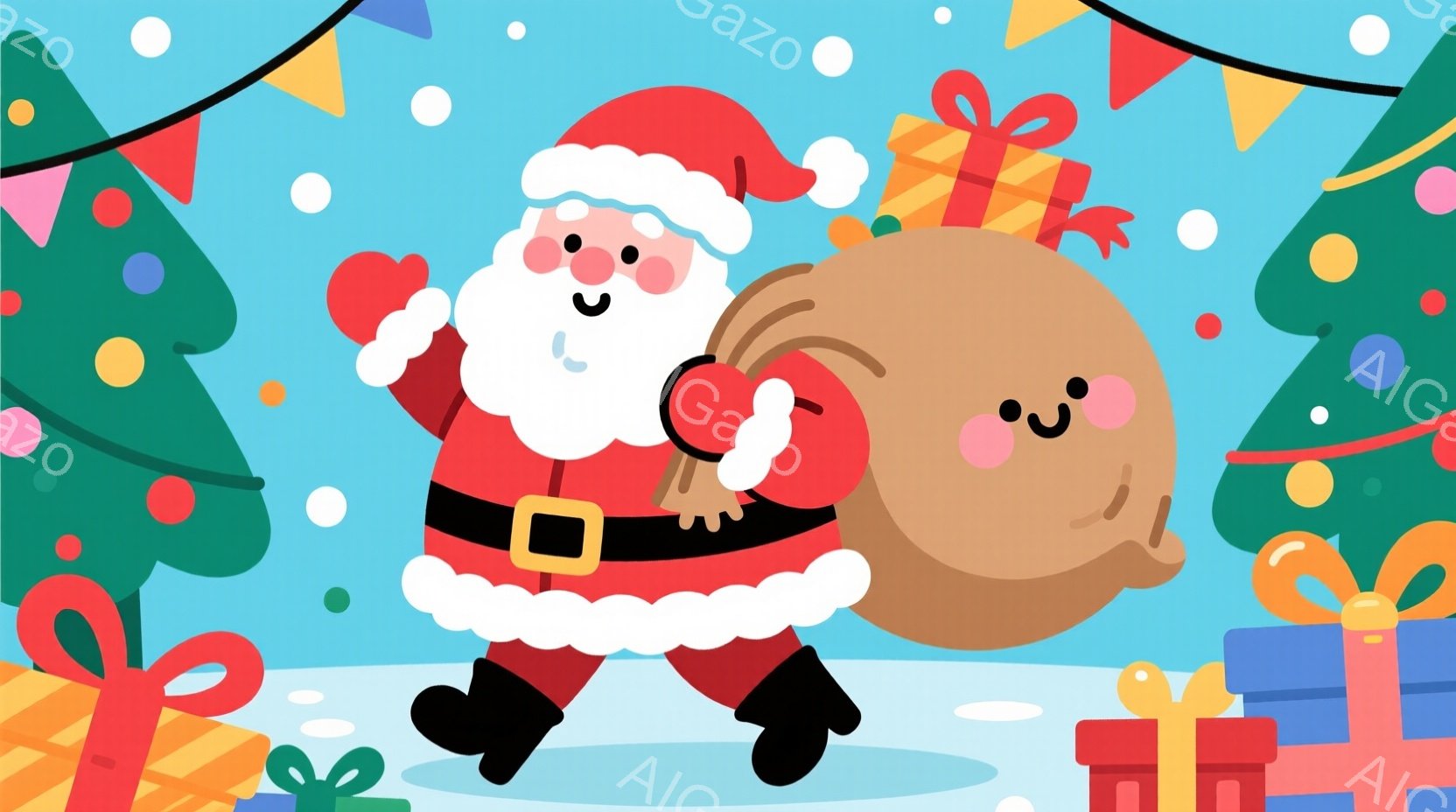 サンタクロースは赤いスーツと白い毛皮のトリミングの服を着て、大きなプレゼントの袋を抱えて歩いています。彼は笑顔で、喜びと興奮に満ちた表情をしています。背景には、緑とオレンジのクリスマスツリーと、青い背 - AI生成フリー素材