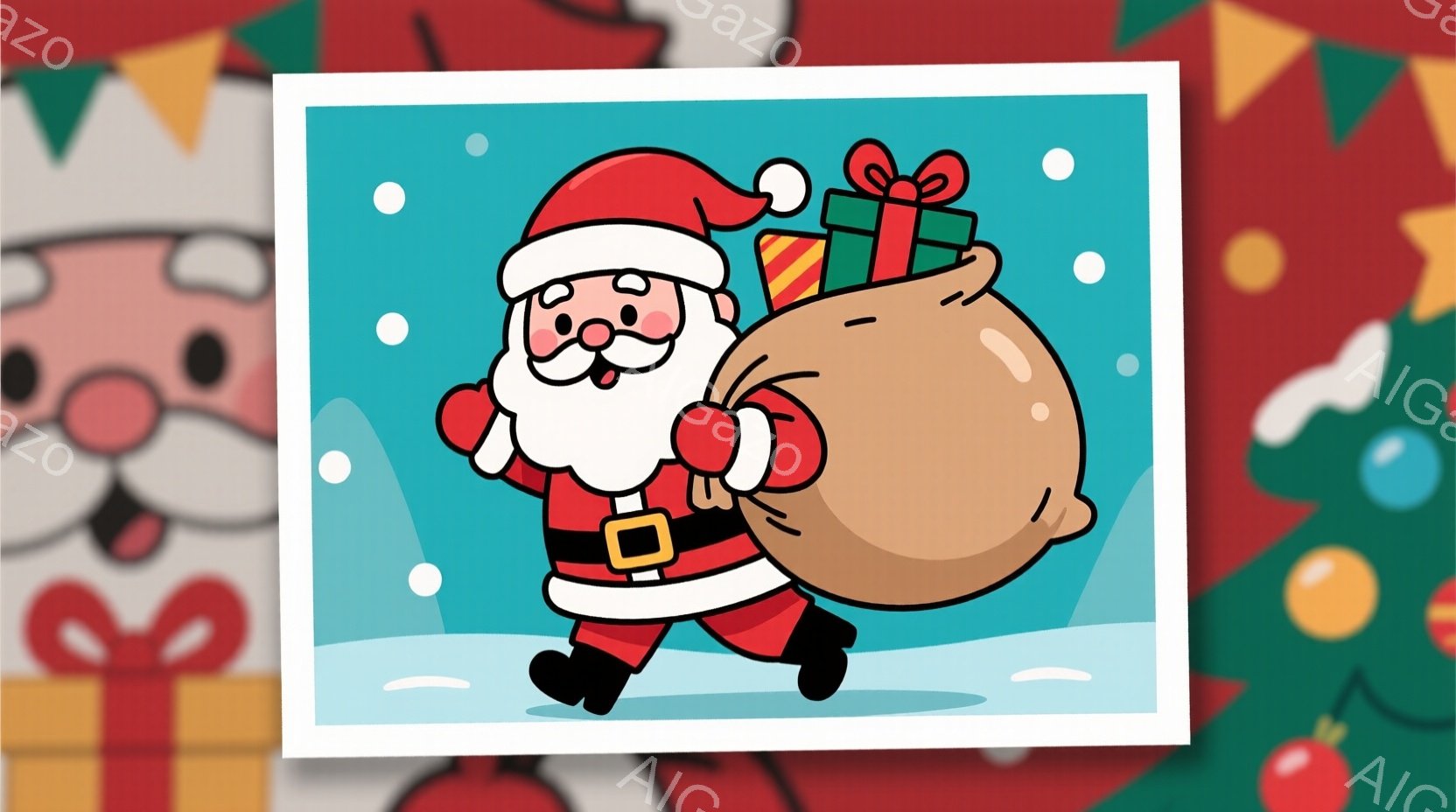 サンタクロースが赤いスーツと白い髭を蓄え、大きなプレゼントの袋を肩に担いで歩いているイラストです。彼は明るい笑顔を浮かべ、活気に満ちた動きで描かれており、背景には雪が舞う冬の風景が広がっています。全体 - AI生成フリー素材