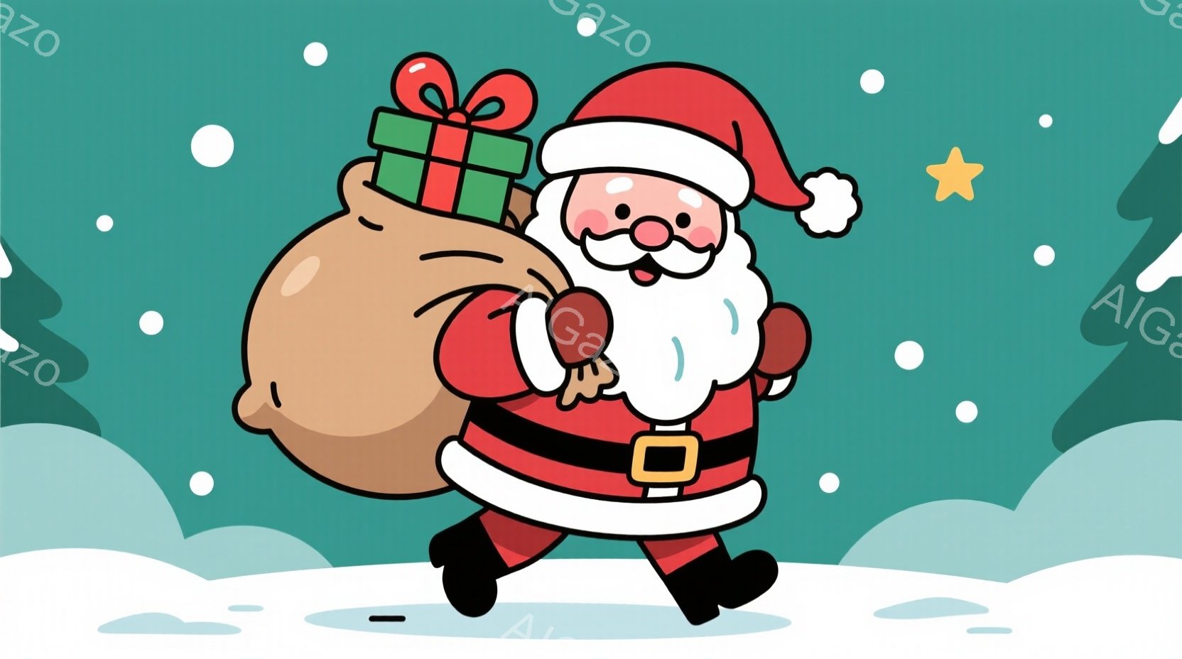 サンタクロースが大きなプレゼントの袋を肩に担いで、右方向に歩いています。赤い帽子と衣装、黒いブーツを身に着け、白いひげと頬の赤い顔は、楽しげな表情を表現しています。背景は雪景色で、白い雪片が舞い散り、 - AI生成フリー素材