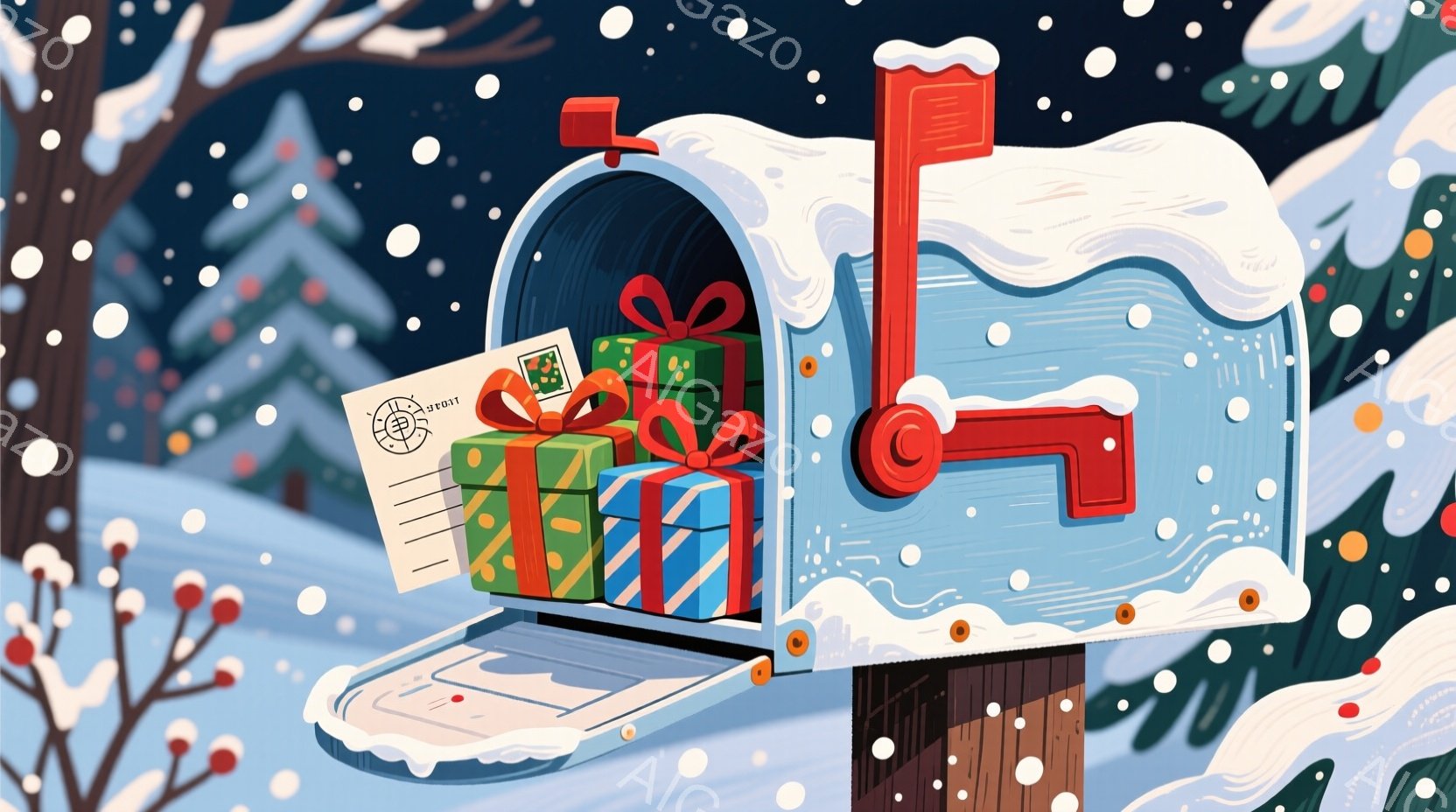 雪が降る冬の風景の中に、青い郵便ポストが描かれています。ポストからは、リボンで飾られたカラフルなプレゼントボックスと手紙が溢れ出ており、クリスマスの温かい雰囲気を醸し出しています。背景には雪に覆われた - AI生成フリー素材