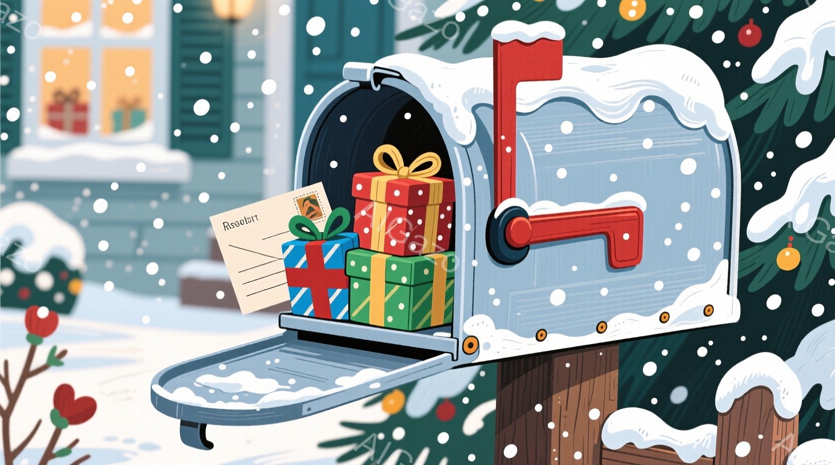 郵便受けが開いており、中にはカラフルなプレゼントの箱がいくつか入っています。背景には雪景色とクリスマスの飾り付けが見え、冬の温かい雰囲気を感じさせます。雪が舞っており、全体的に幻想的で祝祭的な印象を与 - AI生成フリー素材