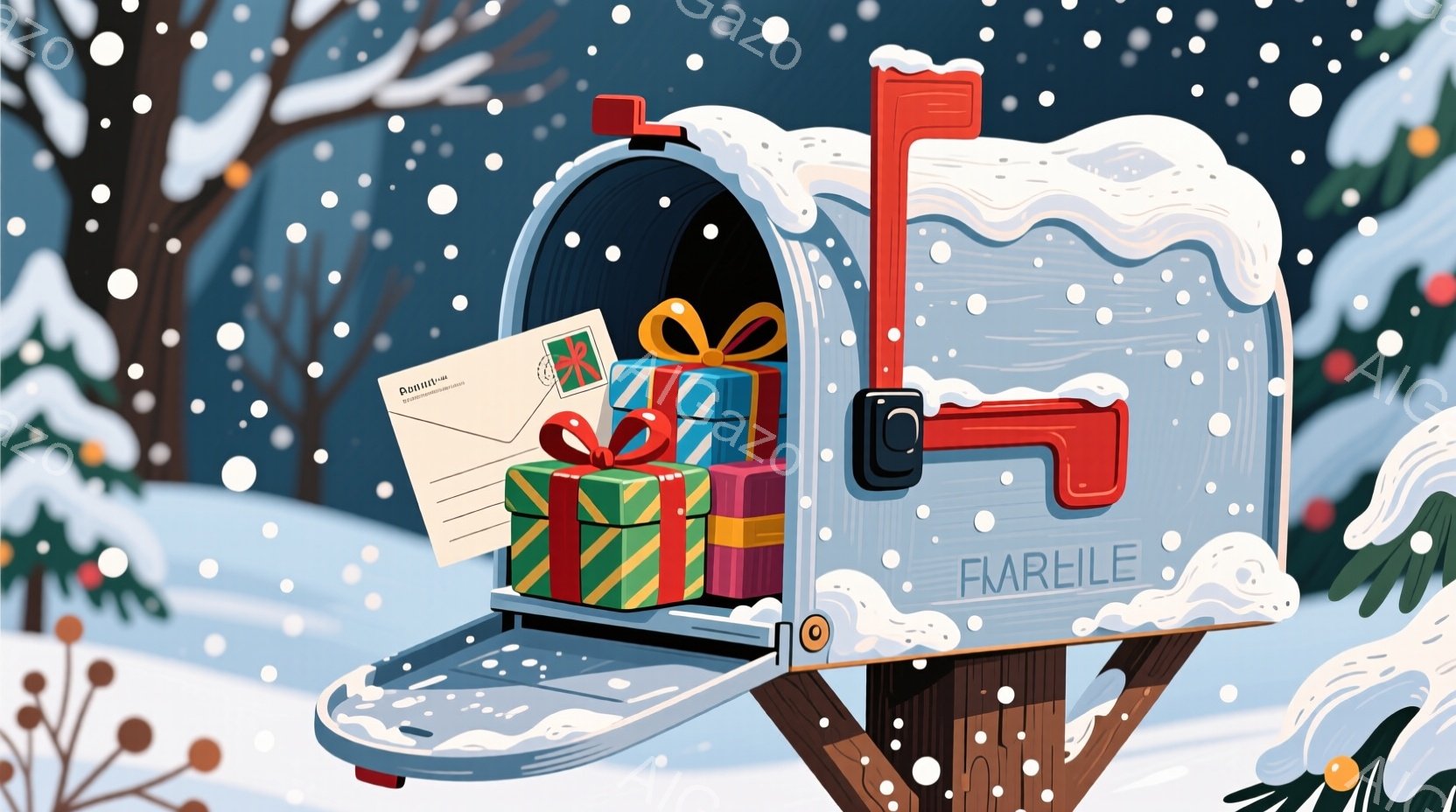 雪が降り積もる冬の風景の中に、青いメールボックスが描かれています。メールボックスからは、緑、赤、金色のリボンで飾られたプレゼントの箱と、手紙が見えており、まるで誰かが贈り物を受け取った直後の様子を彷彿とさせます。背景には木々がうっすらと見え、全体的に暖かく、お祝いムードに満ちた雰囲気が漂っています。