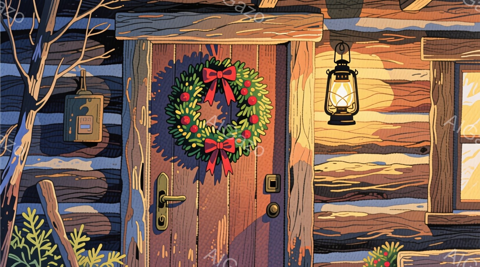 古びた木造の家の正面玄関が描かれています。ドアにはクリスマスリースが飾られ、ドアノブの横にはインターホンが設置されています。雪が積もり、暖色の光が窓から漏れており、冬の暖かく落ち着いた雰囲気を醸し出し - AI生成フリー素材