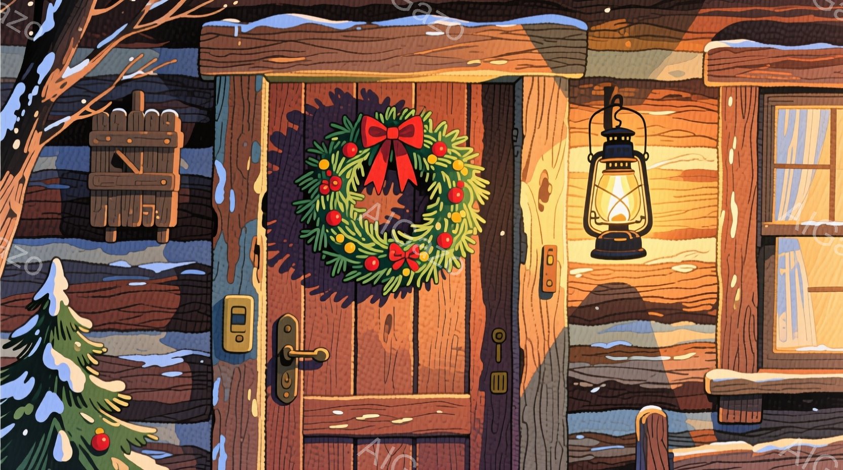 古びた木製のドアにクリスマスリースが飾られ、暖炉の明かりが窓から漏れています。ドアの脇には提灯が吊るされ、雪が降り積もる冬の風景が描かれています。全体的に暖かく、静かで、クリスマスの雰囲気が漂う、落ち着いた光景です。
