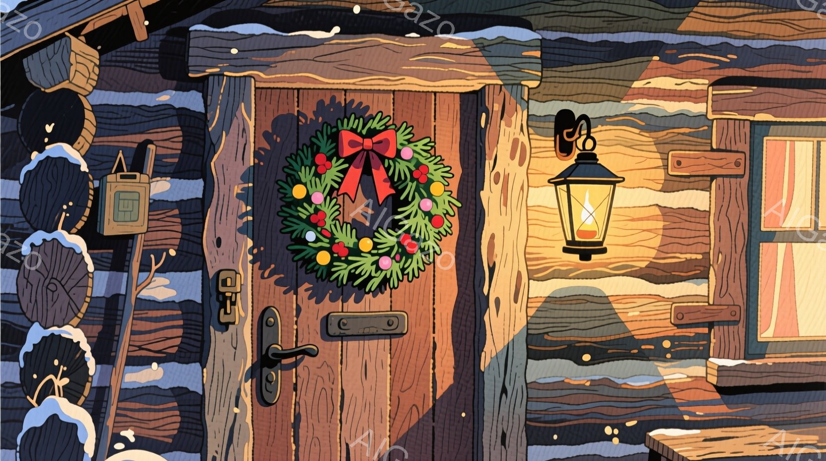木製の壁に囲まれた家の正面玄関を捉えています。玄関には、赤いリボンと実が飾られたクリスマスリースが掛けられ、暖かく居心地の良い雰囲気を醸し出しています。暖色の光を放つランプがリースとドアの横に設置され - AI生成フリー素材
