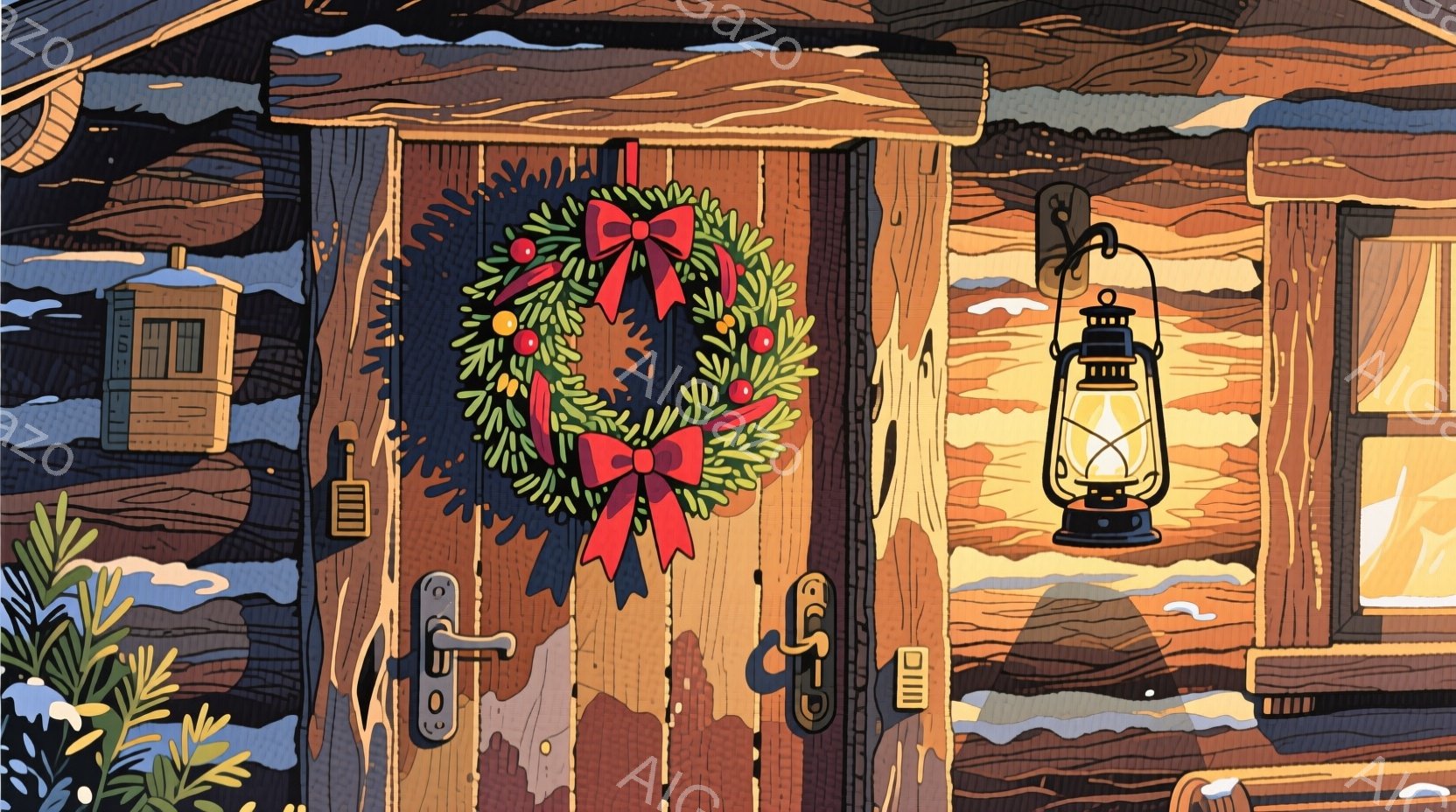 明るい緑の草原を背景に、カラフルなプレゼントの山が描かれています。プレゼントは赤、緑、黄色の包装紙で飾られ、それぞれにリボンが付いています。上部には電球が並んだ飾りがあり、周囲には花や草が生い茂り、お - AI生成フリー素材