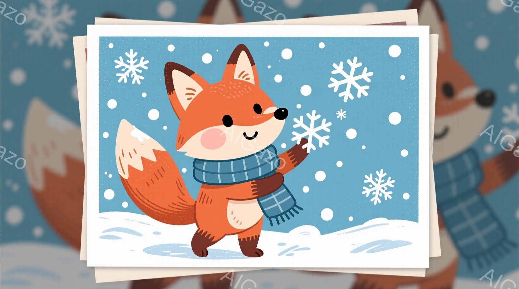オレンジ色のキツネが雪の中で立っており、青と白のストライプのスカーフを巻いています。キツネは片手を上げ、雪片を掴もうとしているようなポーズで、表情は幸せそうです。背景には雪が降っており、地面は雪に覆われていて、全体的に冬の温かく、楽しい雰囲気です。