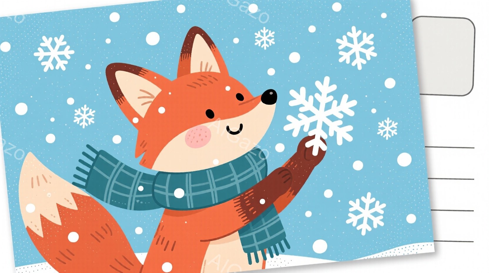 オレンジ色の毛並みを持つキツネが、ターコイズブルーのチェック柄のマフラーを巻き、雪片を片手で優しくキャッチしようとしています。キツネは白い雪の上に立ち、幸せそうな笑顔を浮かべており、背景には様々な大きさの雪片が舞い散っています。全体的に暖かく、冬の穏やかな雰囲気が漂うイラストです。