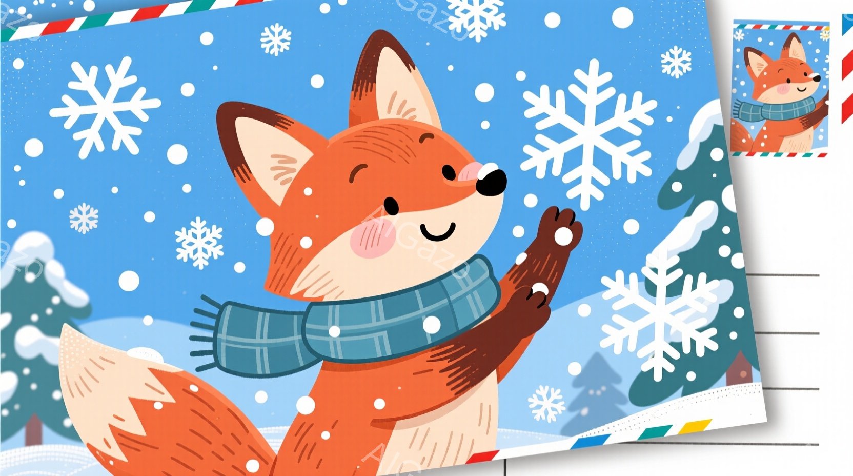 鮮やかなオレンジ色の狐が、緑と青のチェック柄のストールを首に巻き、雪が降る冬の風景の中に描かれています。狐は両手を上げて雪をキャッチしようとしており、嬉しそうな表情をしています。背景には雪で覆われた松 - AI生成フリー素材