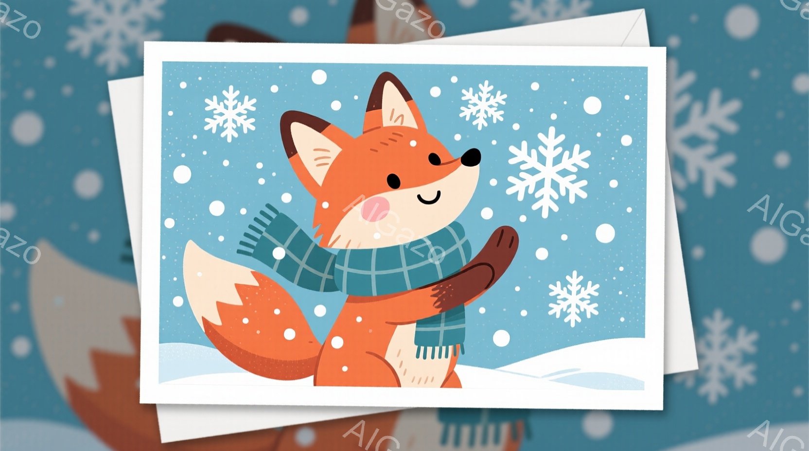 オレンジ色のキツネが雪の中に立っており、緑と白の縞模様のマフラーを巻いています。キツネは両手を広げて雪をキャッチしようとしており、頬はほんのり赤く、表情は幸せそうです。背景は青い空と降り積もる雪で覆わ - AI生成フリー素材