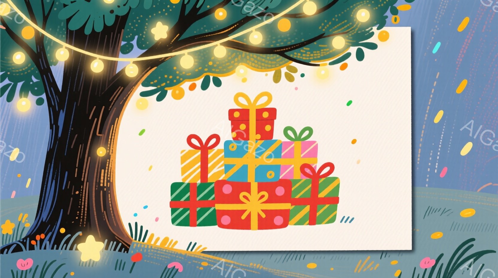 明るい緑の背景に、カラフルなプレゼントの山が描かれています。プレゼントはそれぞれ異なる模様とリボンで飾られており、喜びと祝賀の雰囲気を醸し出しています。背景には、草や花、そして点在する光が描かれ、お祝 - AI生成フリー素材