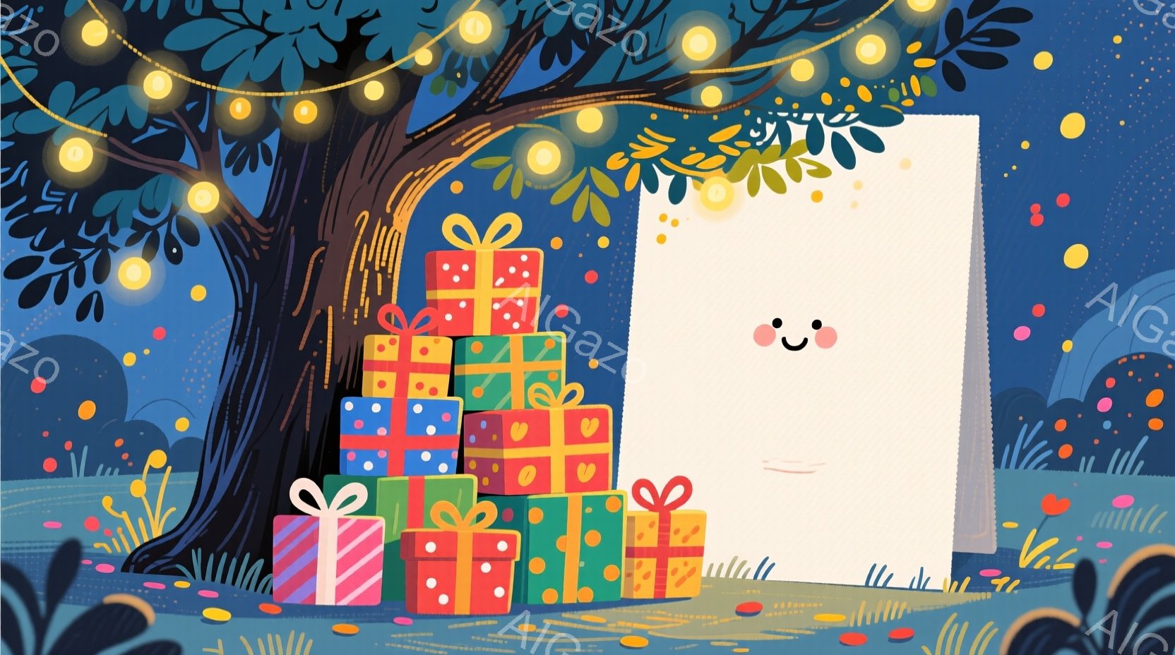 鬱蒼とした木の下に、カラフルなプレゼントの山が積み上げられています。背景は、緑の草や植物が生い茂る自然で、空には小さな光の粒子が舞い、幻想的な雰囲気を醸し出しています。白くシンプルな大きなキャンバスが右側に配置されており、何かを描き加えるための余白を残しています。
