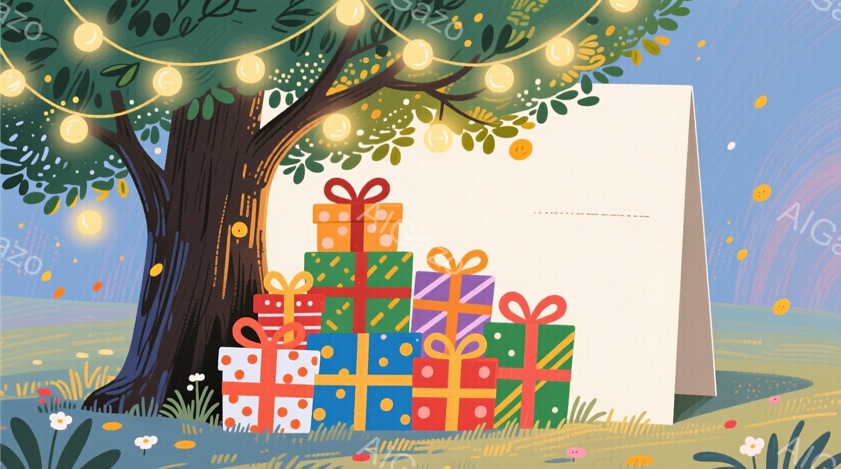 大きな木の根元に、カラフルなプレゼントの山が積み上げられています。背景には緑の草地が広がり、小さな花や黄色い光の玉が散りばめられて、お祝いムードを盛り上げています。全体的に明るく、温かい雰囲気で、誕生 - AI生成フリー素材