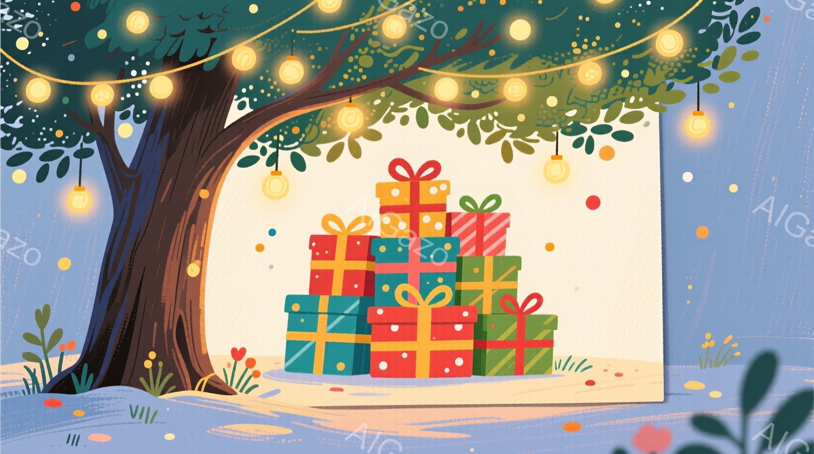 多くのプレゼントが積み上げられ、明るい背景に置かれています。プレゼントは赤、緑、水色、ピンクなど様々な色で、それぞれリボンで飾られています。背景には木が描かれており、木の枝には電飾が飾られ、周囲には草 - AI生成フリー素材