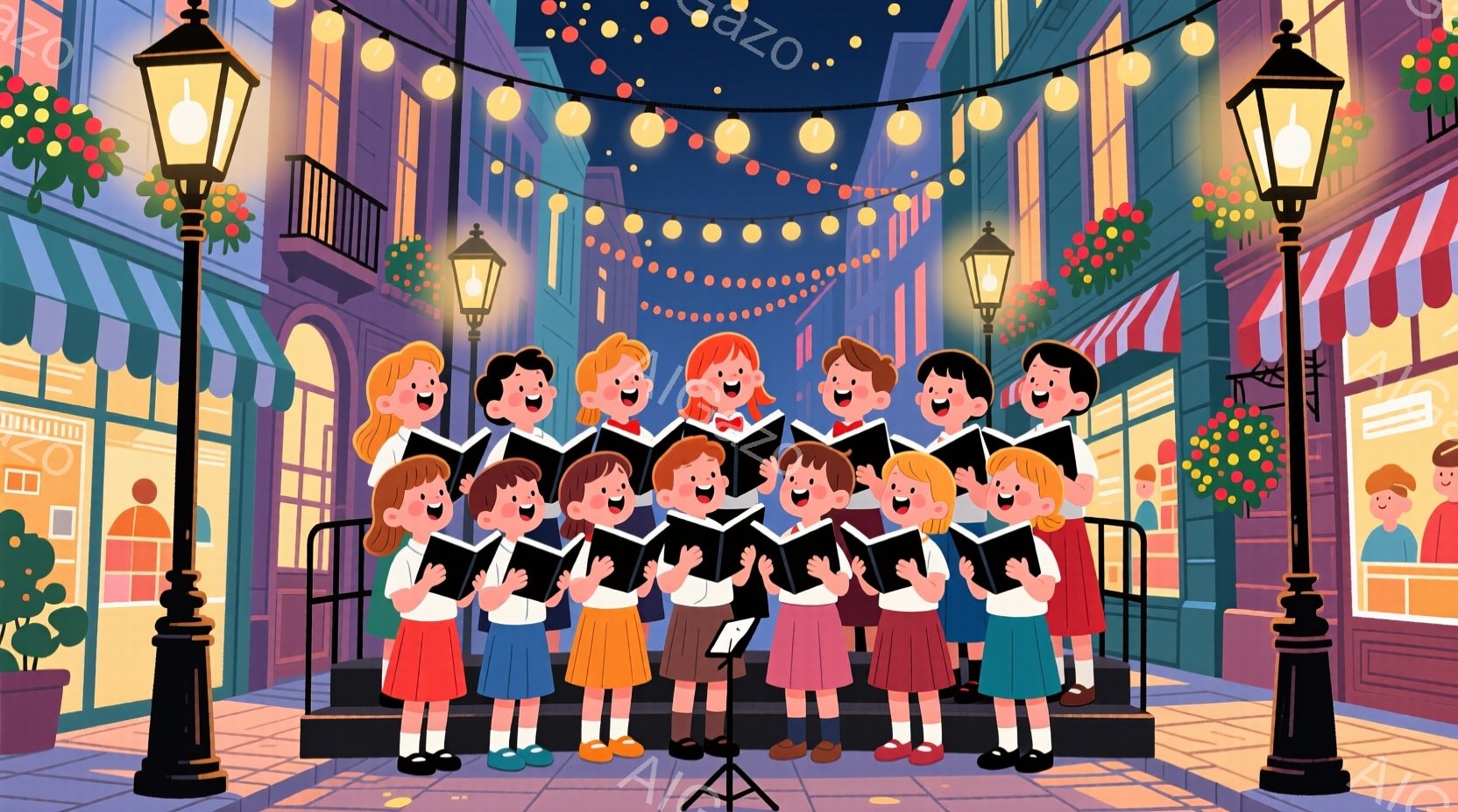 カラフルな街並みのステージで、赤いスカートまたはズボンを着用した子供たちの合唱団が歌っています。彼らは皆笑顔で、楽譜を見ながら手を上げて歌っており、活気に満ちた雰囲気を醸し出しています。背景には、花で - AI生成フリー素材