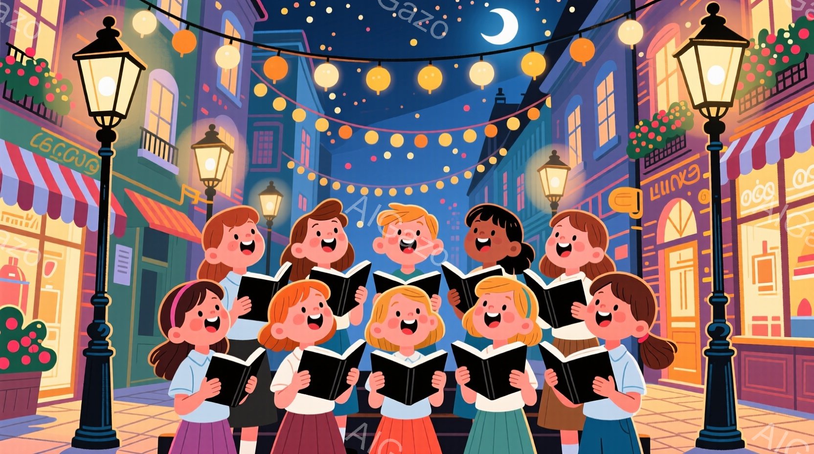 カラフルな街並みを背景に、複数の子供たちが歌を歌っているイラストです。子供たちはそれぞれ異なる髪色と服装で、明るい表情で歌っています。背景には、カラフルな建物、街灯、そして夜空に輝く月があり、お祭りや - AI生成フリー素材
