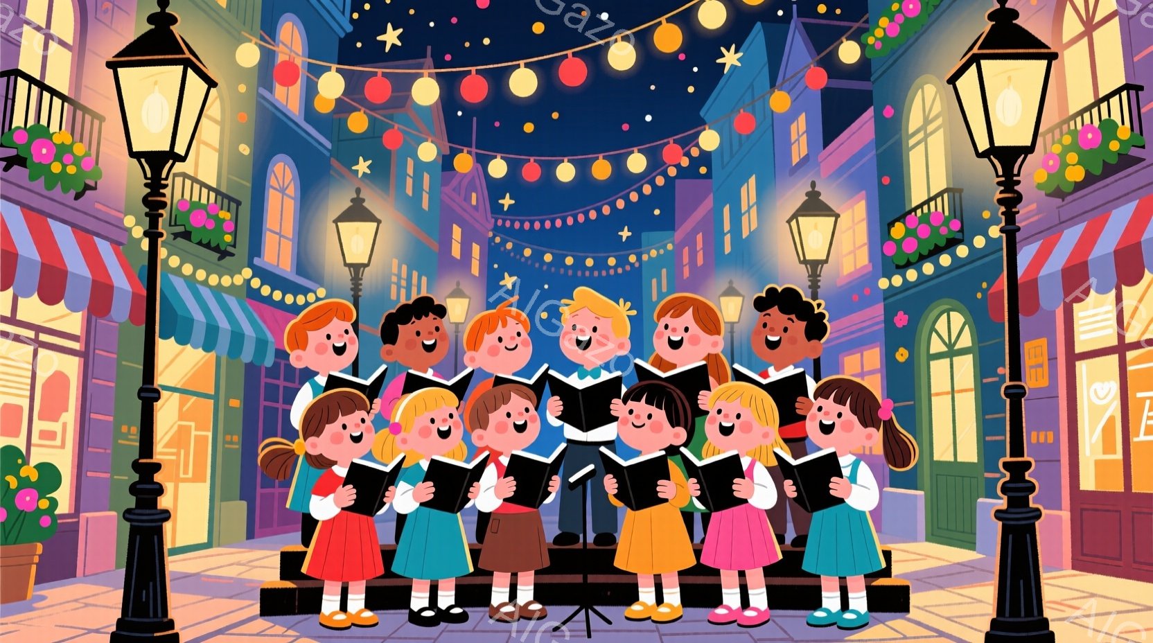 カラフルな街並みを背景に、様々な人種の子どもたちが合唱している様子が描かれています。子どもたちは赤いベルトのついたカラフルなワンピースやシャツを着ており、笑顔で歌っています。背景には、電柱に飾られた提 - AI生成フリー素材