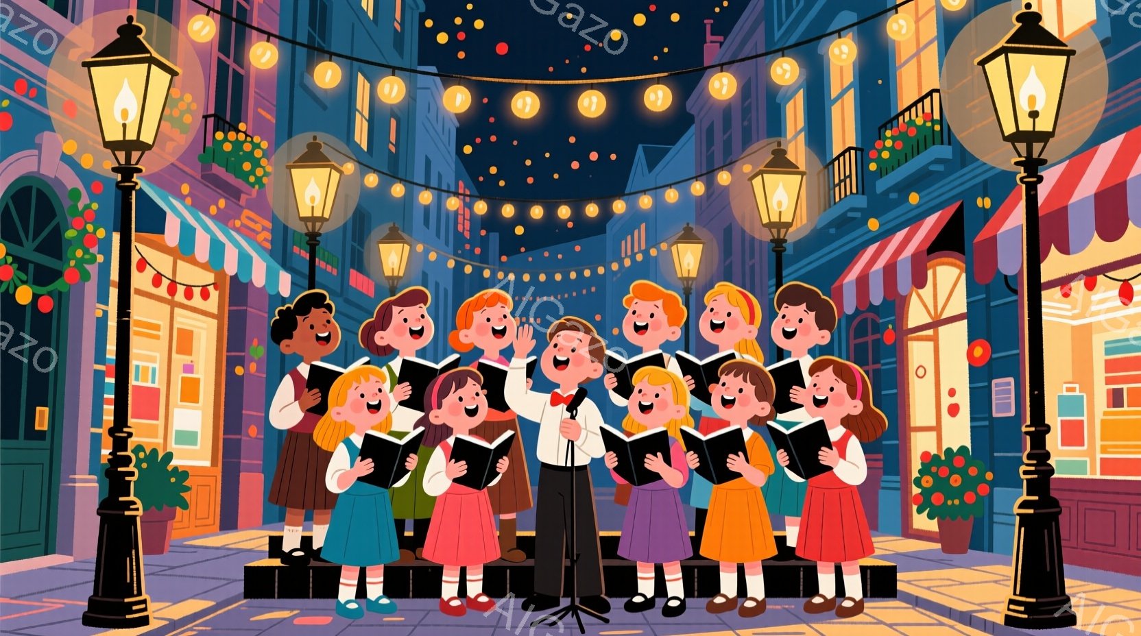 賑やかな街のステージで、様々な人種の子供たちが合唱している様子が描かれています。子供たちはそれぞれ赤、緑、青などのカラフルな服を着ており、笑顔で楽譜を見ながら歌っています。背景には、カラフルな建物や植 - AI生成フリー素材