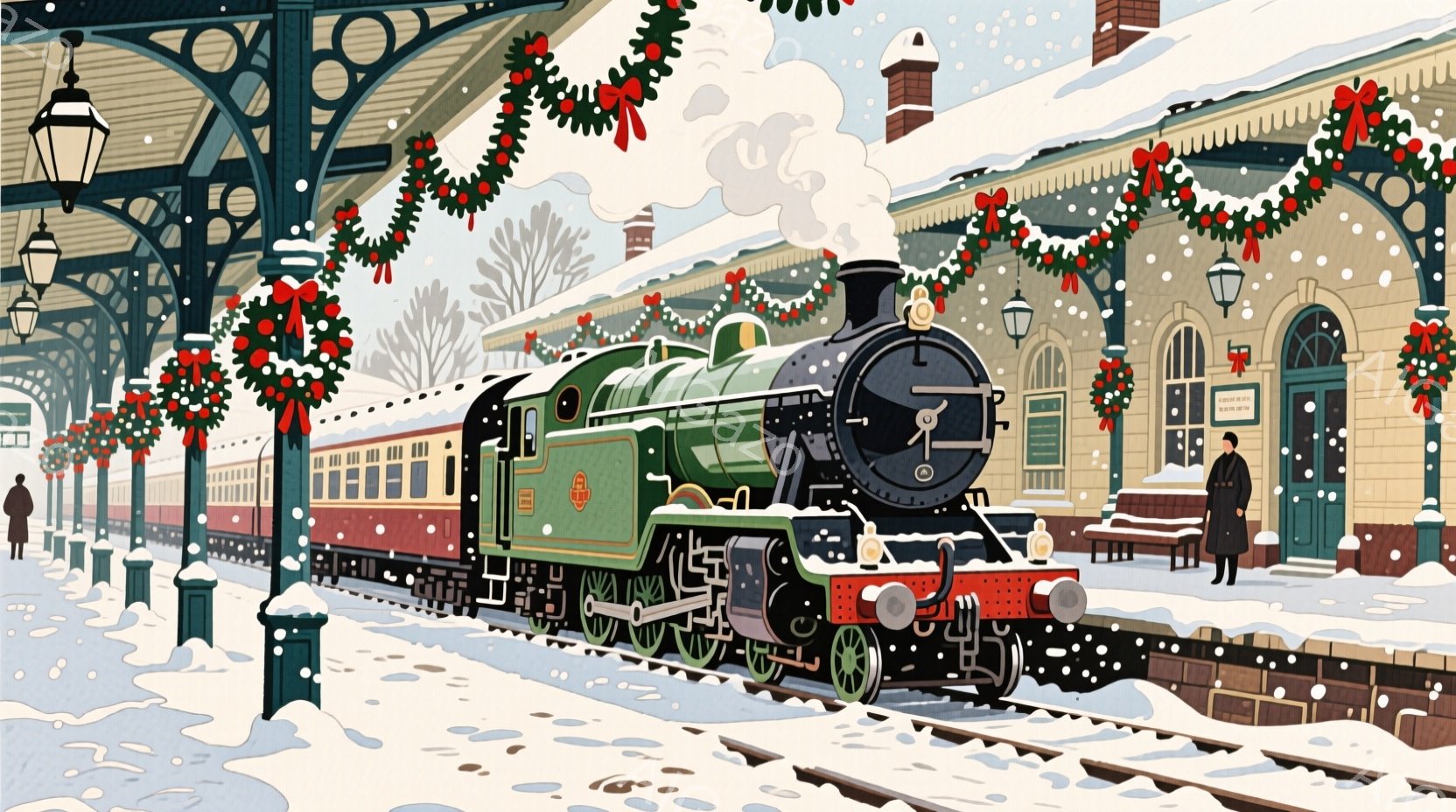 雪が降るプラットフォームに、緑色の蒸気機関車が停車しており、クリスマスの飾り付けが施された装飾が駅全体に広がっています。背景にはレンガ造りの駅舎が見え、数人の人物が冬のコートを着て立っており、穏やかで - AI生成フリー素材